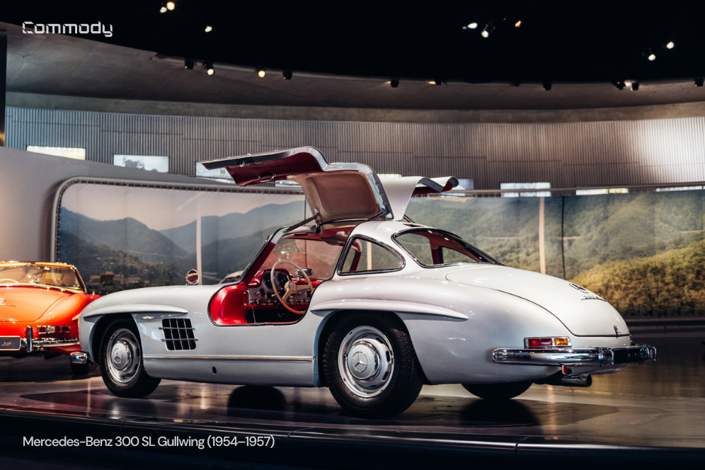 Side view of the 300 SL with both Gullwing doors open